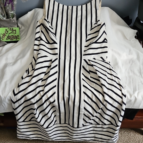 Maeve (Anthro) Black and White Striped Dress with Cream Lace - Picture 7 of 10